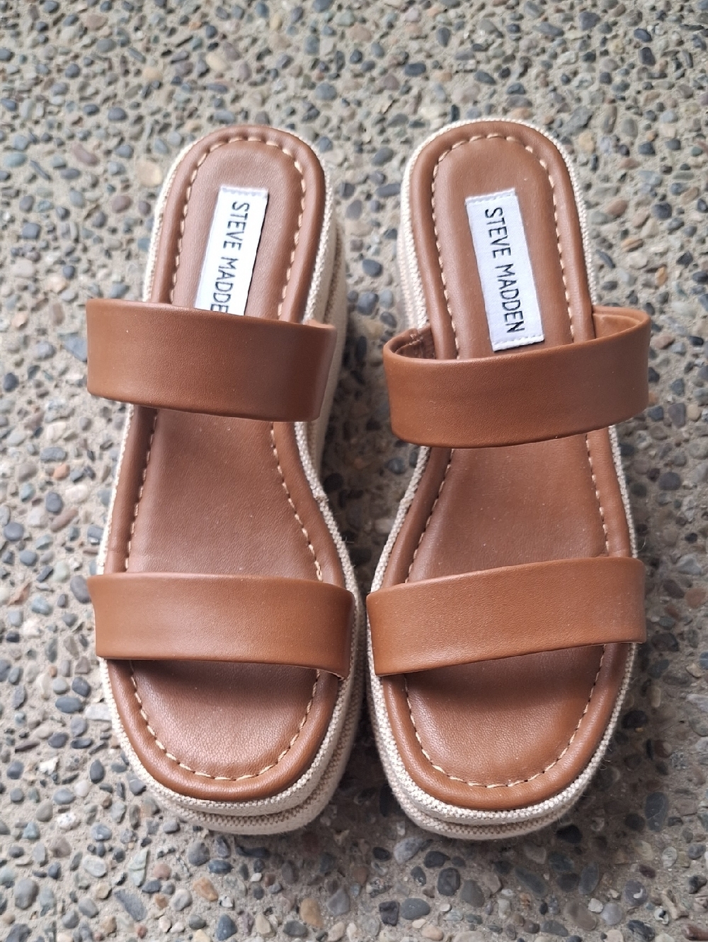 Steve Madden Moveable Leather & Linen Wedge Platform Sandals Tan Size 6.5 - Picture 3 of 8